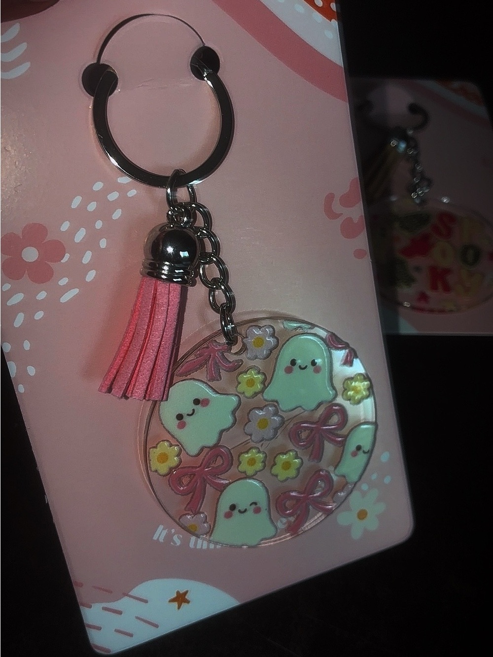 Cute Pink Ghost Tassel Keychain Accessory